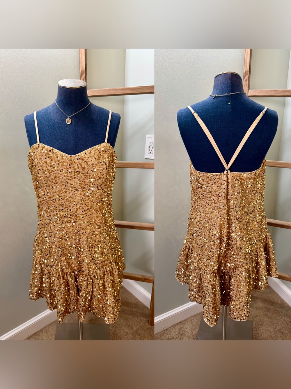 Shein Gold Sequin Sweetheart Neck Ruffle Spaghetti Strap Swing Mini Dress Size 4